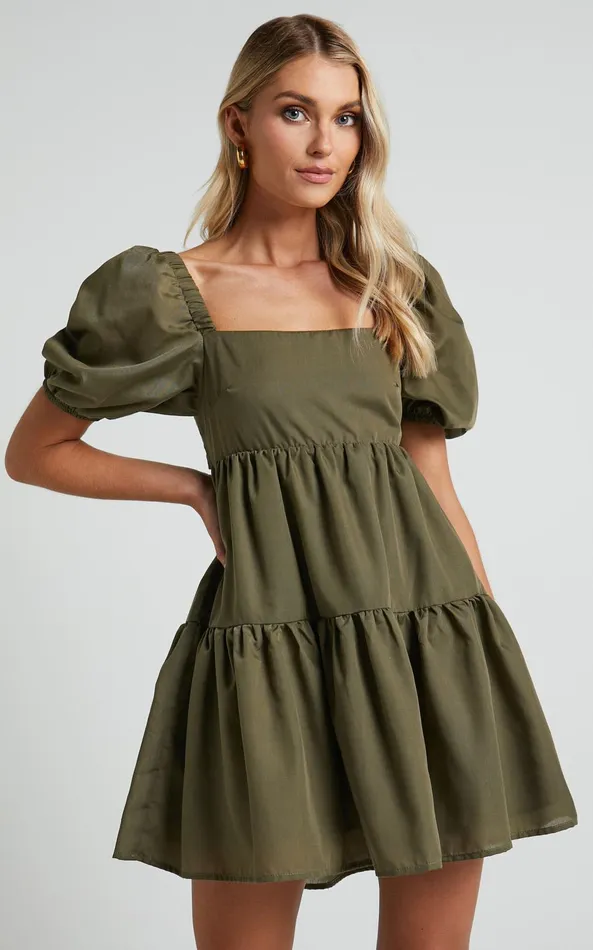 Showpo Hazel Mini Dress 8211 Short Sleeve Tiered Tie Back Smock Dress In Khaki Women Dresses Showpo Hazel Mini Dress 8211 Short Sleeve Tiered Tie Back Smock Dress In Khaki Women Dresses