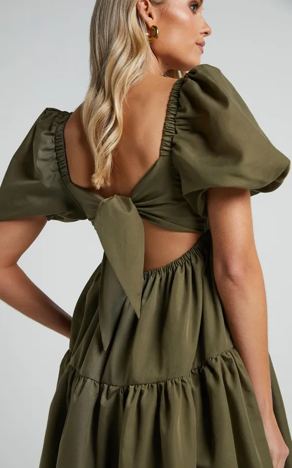 Showpo Hazel Mini Dress 8211 Short Sleeve Tiered Tie Back Smock Dress In Khaki Women Dresses
