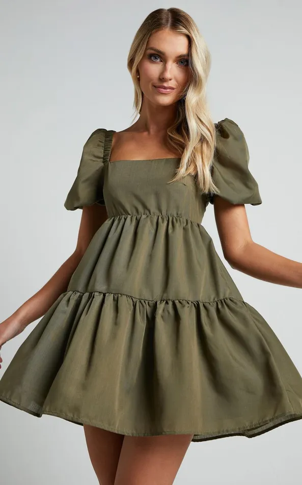 Showpo Hazel Mini Dress 8211 Short Sleeve Tiered Tie Back Smock Dress In Khaki Women Dresses