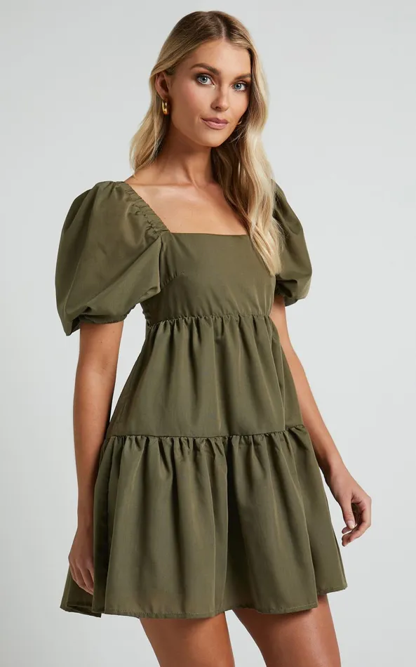 Showpo Hazel Mini Dress 8211 Short Sleeve Tiered Tie Back Smock Dress In Khaki Women Dresses