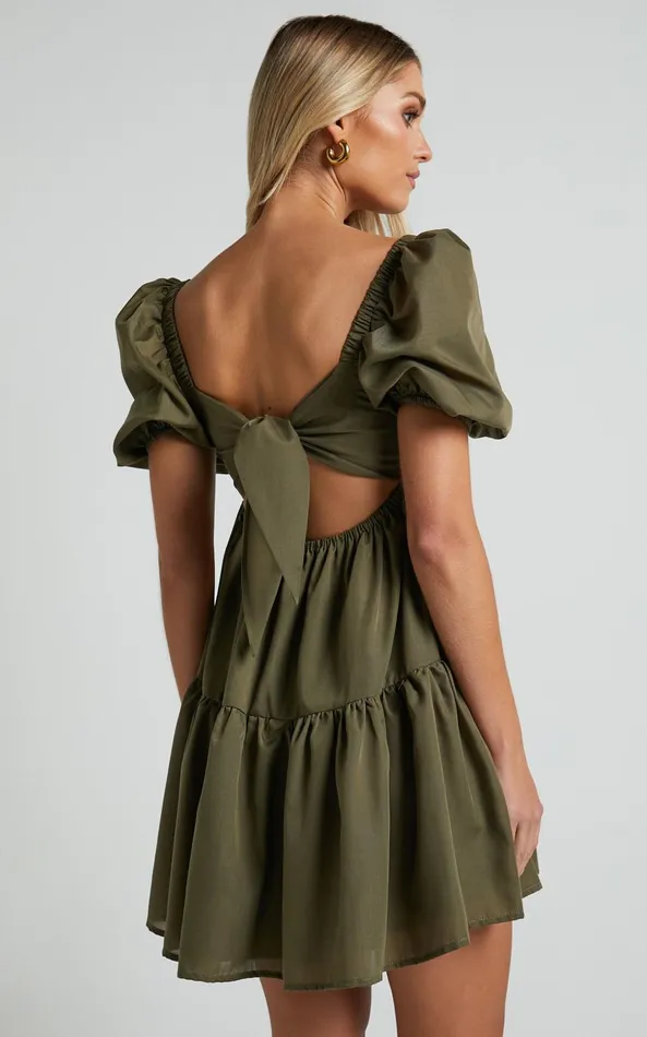 Showpo Hazel Mini Dress 8211 Short Sleeve Tiered Tie Back Smock Dress In Khaki Women Dresses