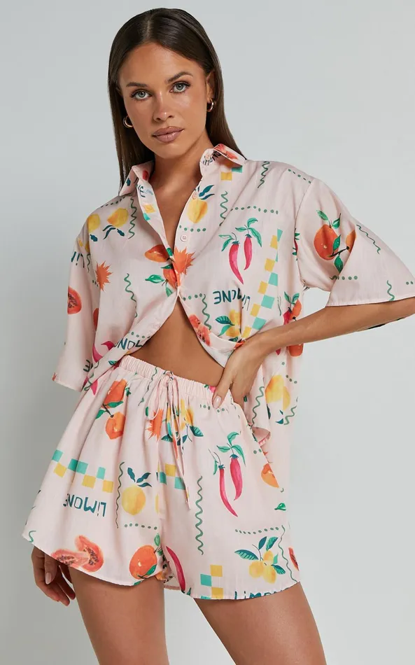 Showpo Hazel Two Piece Set 8211 Short Sleeve Shirt and Short Set In Peach Print Women Two Piece Sets and Coords Showpo Hazel Two Piece Set 8211 Short Sleeve Shirt and Short Set In Peach Print Women Two Piece Sets and Coords