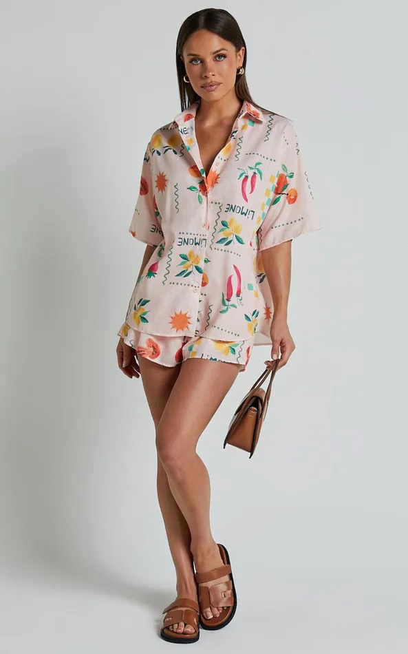 Showpo Hazel Two Piece Set 8211 Short Sleeve Shirt and Short Set In Peach Print Women Two Piece Sets and Coords