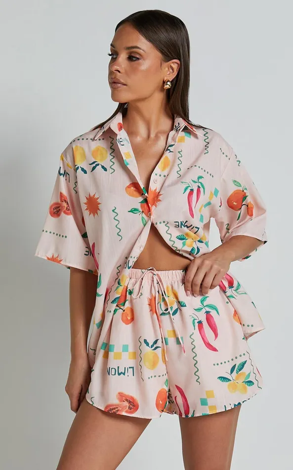 Showpo Hazel Two Piece Set 8211 Short Sleeve Shirt and Short Set In Peach Print Women Two Piece Sets and Coords