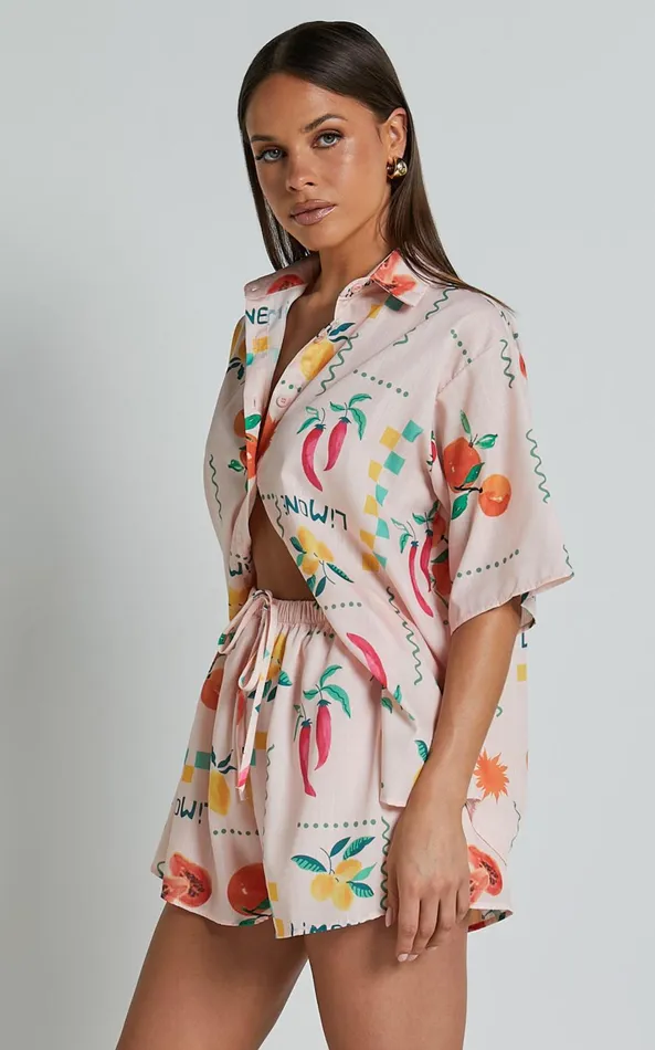 Showpo Hazel Two Piece Set 8211 Short Sleeve Shirt and Short Set In Peach Print Women Two Piece Sets and Coords