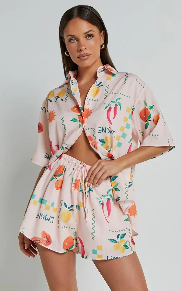 Showpo Hazel Two Piece Set 8211 Short Sleeve Shirt and Short Set In Peach Print Women Two Piece Sets and Coords