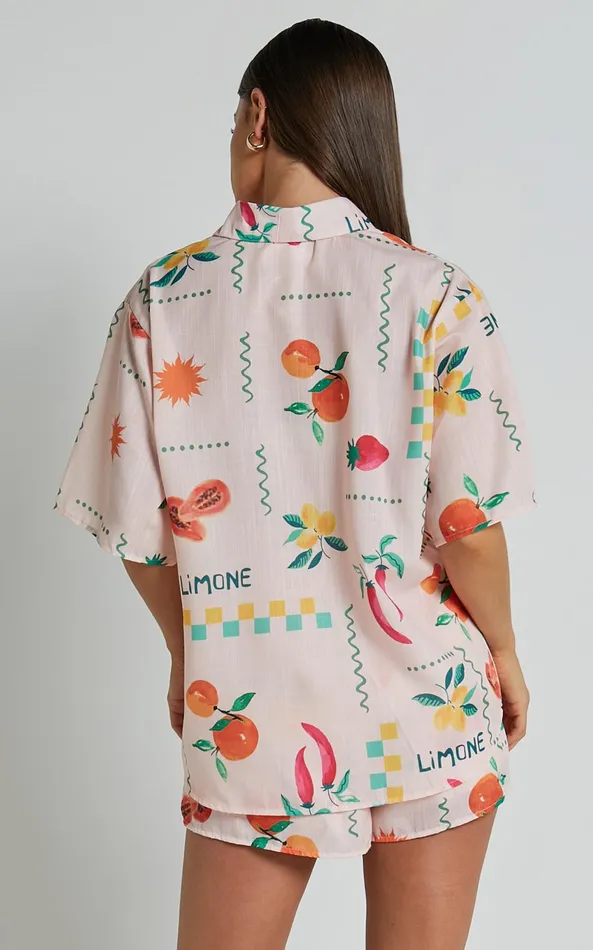 Showpo Hazel Two Piece Set 8211 Short Sleeve Shirt and Short Set In Peach Print Women Two Piece Sets and Coords