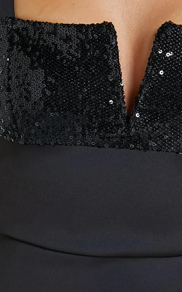 Showpo Heida Mini Dress 8211 Square Neck Sequin Contrast Bodice Dress In Black Women Dresses
