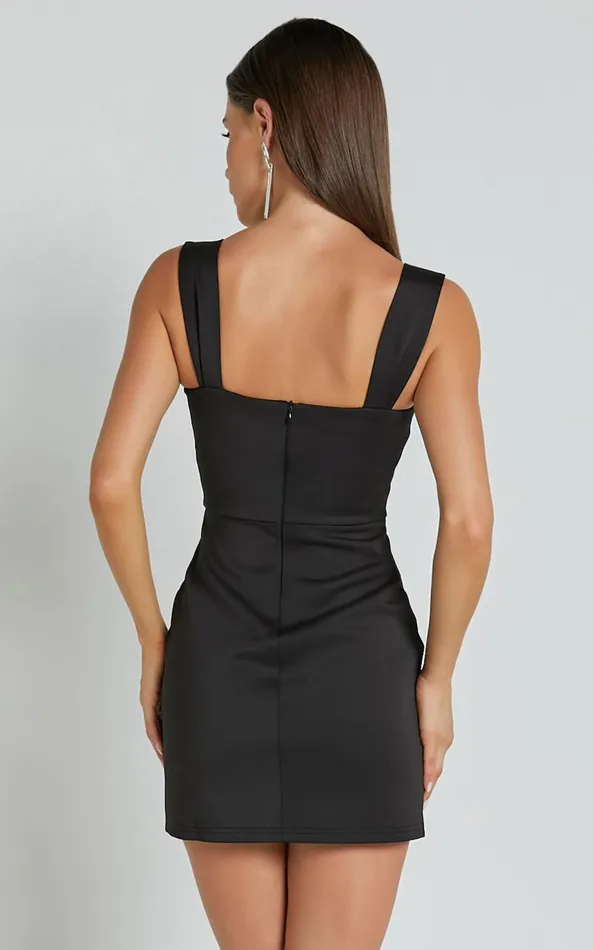 Showpo Heida Mini Dress 8211 Square Neck Sequin Contrast Bodice Dress In Black Women Dresses