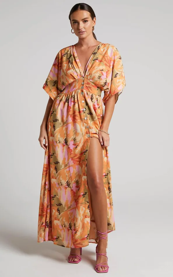 Showpo Heira Midi Dress 8211 Flutter Sleeve Button Down Dress In Palm Print Women Dresses