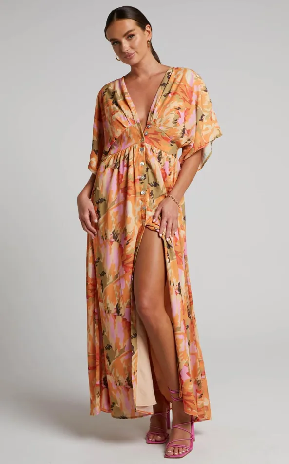Showpo Heira Midi Dress 8211 Flutter Sleeve Button Down Dress In Palm Print Women Dresses