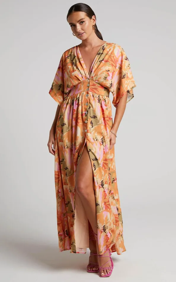 Showpo Heira Midi Dress 8211 Flutter Sleeve Button Down Dress In Palm Print Women Dresses