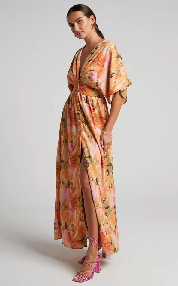 Showpo Heira Midi Dress 8211 Flutter Sleeve Button Down Dress In Palm Print Women Dresses