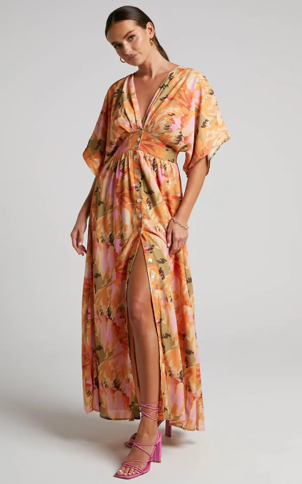 Showpo Heira Midi Dress 8211 Flutter Sleeve Button Down Dress In Palm Print Women Dresses