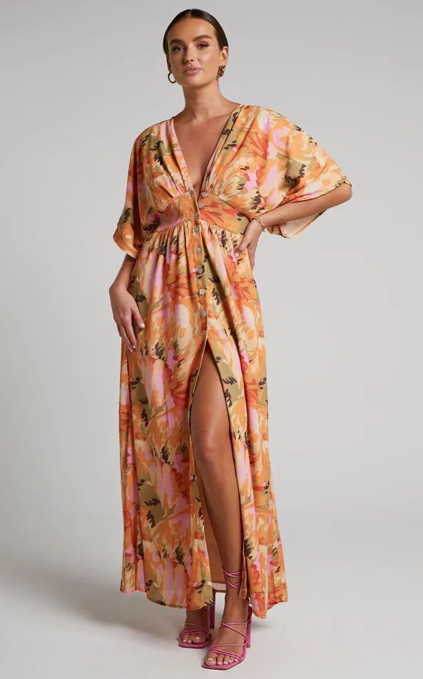 Showpo Heira Midi Dress 8211 Flutter Sleeve Button Down Dress In Palm Print Women Dresses