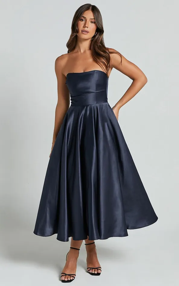 Showpo Helaina Midi Dress 8211 Strapless ALine Satin Dress In Navy Women Dresses Showpo Helaina Midi Dress 8211 Strapless ALine Satin Dress In Navy Women Dresses