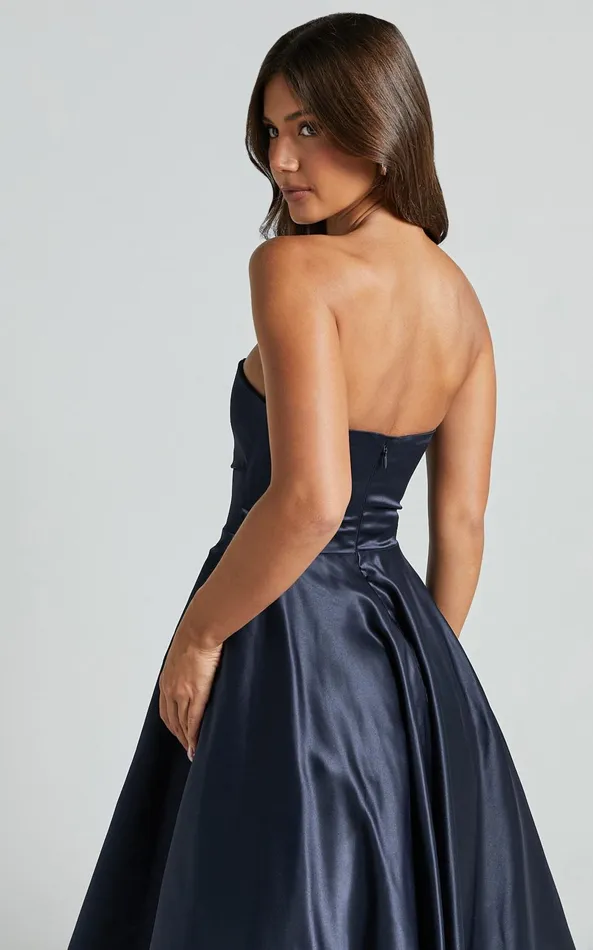 Showpo Helaina Midi Dress 8211 Strapless ALine Satin Dress In Navy Women Dresses