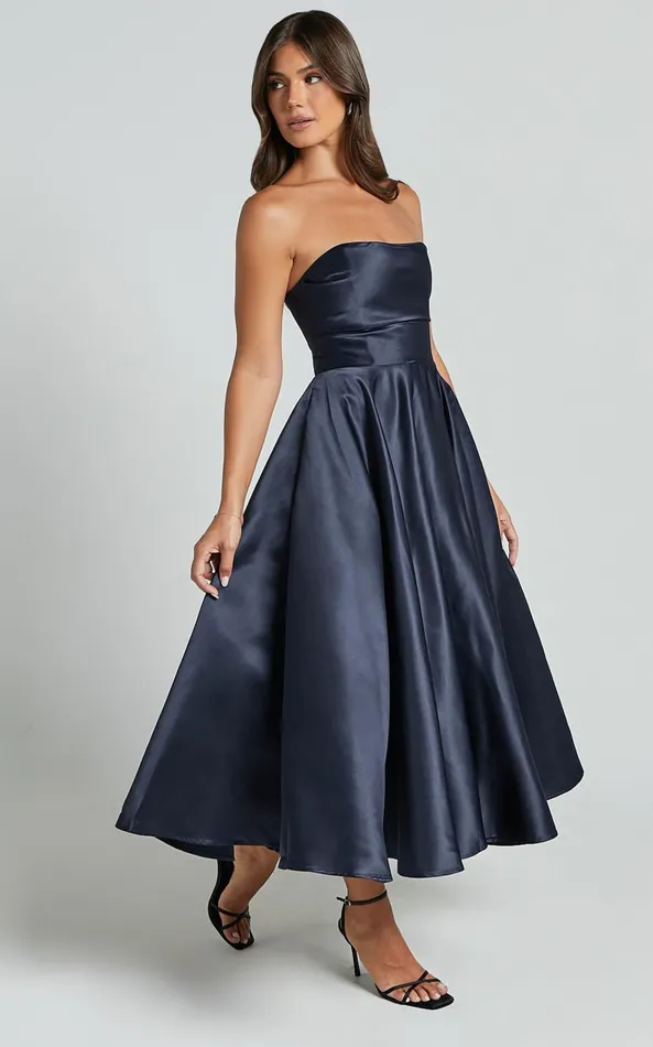 Showpo Helaina Midi Dress 8211 Strapless ALine Satin Dress In Navy Women Dresses