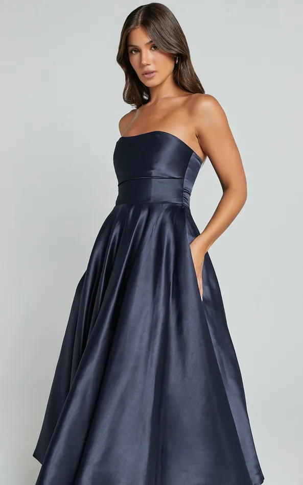 Showpo Helaina Midi Dress 8211 Strapless ALine Satin Dress In Navy Women Dresses