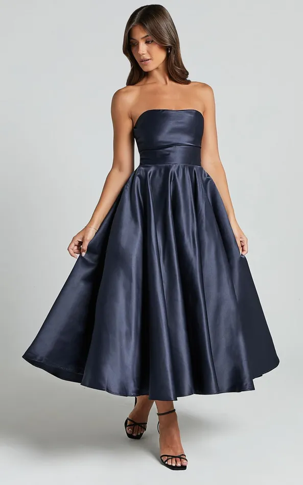 Showpo Helaina Midi Dress 8211 Strapless ALine Satin Dress In Navy Women Dresses