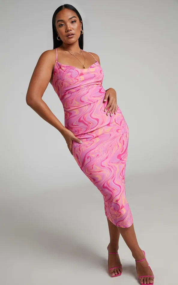 Showpo Helga Midi Dress 8211 Cowl Neck Ruched Dress In Pink Swirl Women Dresses Showpo Helga Midi Dress 8211 Cowl Neck Ruched Dress In Pink Swirl Women Dresses