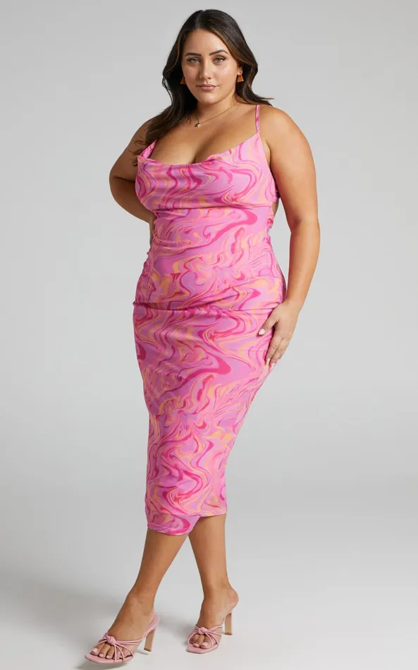 Showpo Helga Midi Dress 8211 Cowl Neck Ruched Dress In Pink Swirl Women Dresses