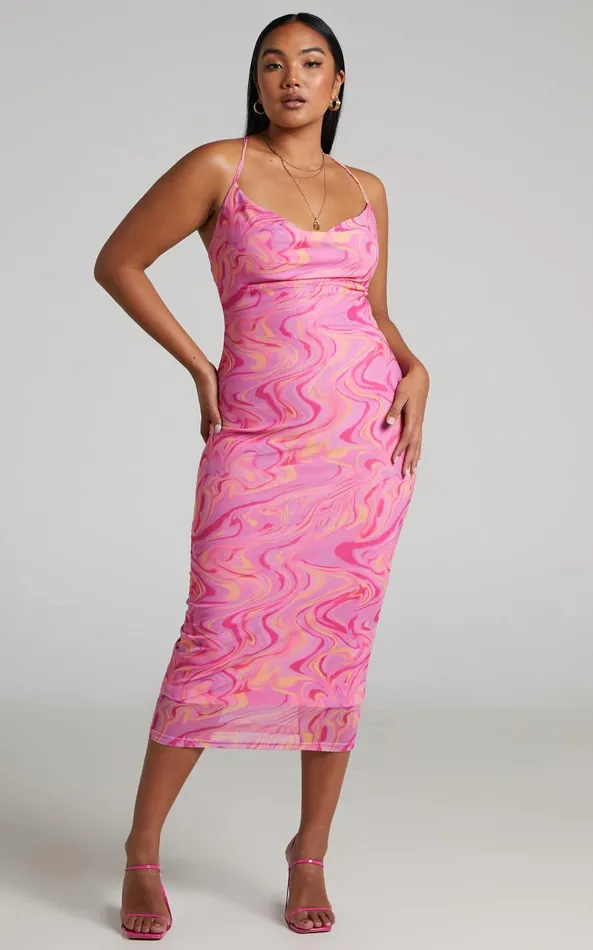 Showpo Helga Midi Dress 8211 Cowl Neck Ruched Dress In Pink Swirl Women Dresses
