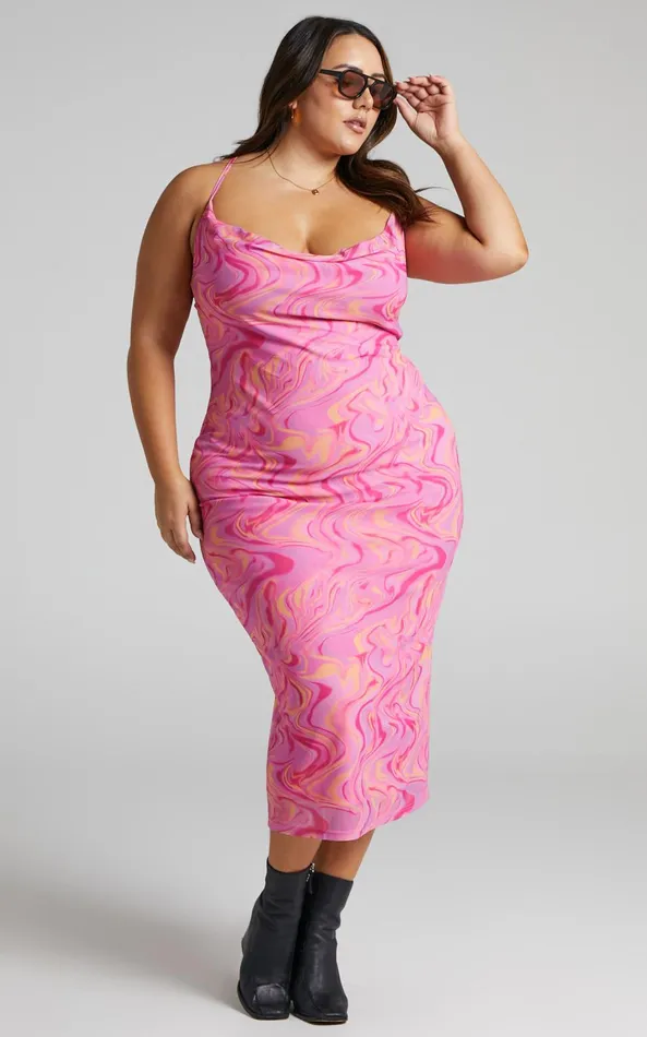 Showpo Helga Midi Dress 8211 Cowl Neck Ruched Dress In Pink Swirl Women Dresses