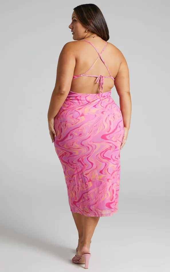 Showpo Helga Midi Dress 8211 Cowl Neck Ruched Dress In Pink Swirl Women Dresses