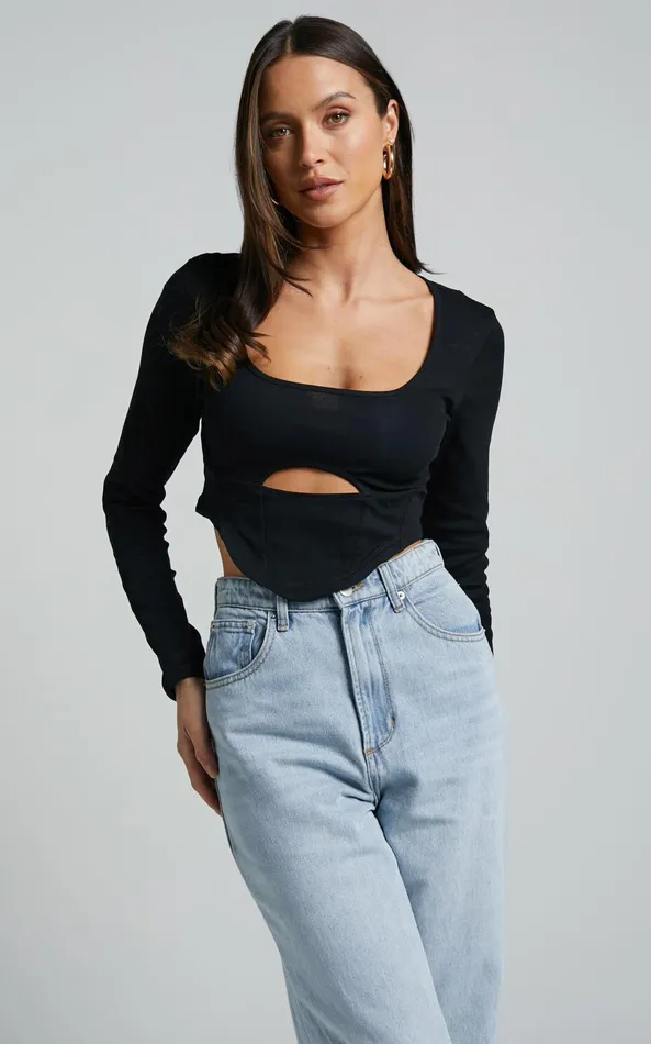 Showpo Henley Top 8211 Corset Detail Cut Out Long Sleeve Top In Black Women Tops