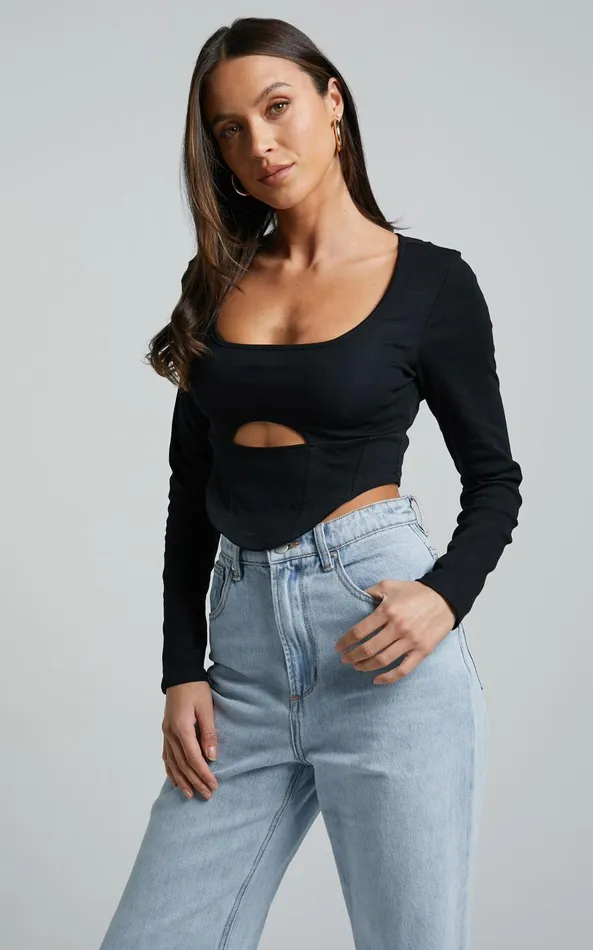 Showpo Henley Top 8211 Corset Detail Cut Out Long Sleeve Top In Black Women Tops