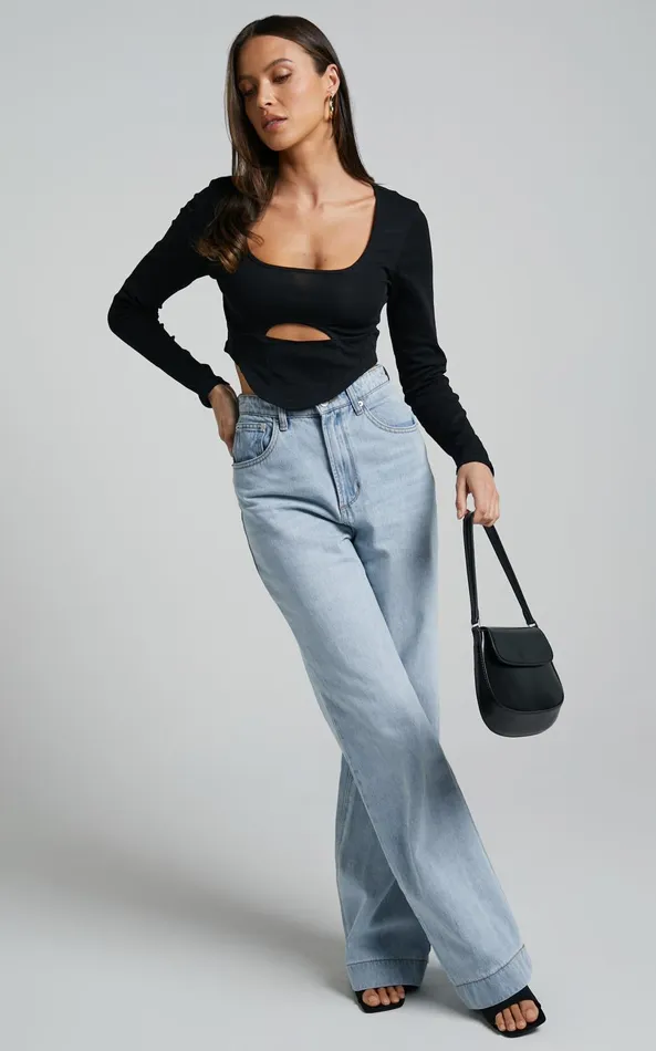 Showpo Henley Top 8211 Corset Detail Cut Out Long Sleeve Top In Black Women Tops