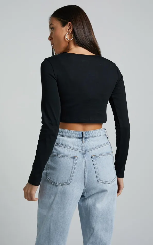 Showpo Henley Top 8211 Corset Detail Cut Out Long Sleeve Top In Black Women Tops