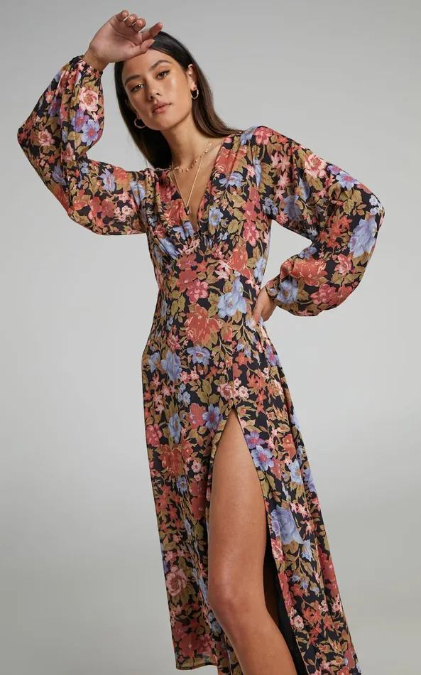 Showpo Henny Midi Dress 8211 Long Sleeve Split Dress In Dusk Floral Women Curve Clothes Showpo Henny Midi Dress 8211 Long Sleeve Split Dress In Dusk Floral Women Curve Clothes