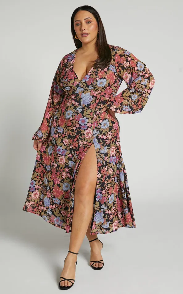 Showpo Henny Midi Dress 8211 Long Sleeve Split Dress In Dusk Floral Women Curve Clothes