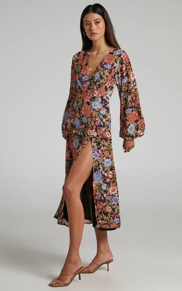 Showpo Henny Midi Dress 8211 Long Sleeve Split Dress In Dusk Floral Women Curve Clothes