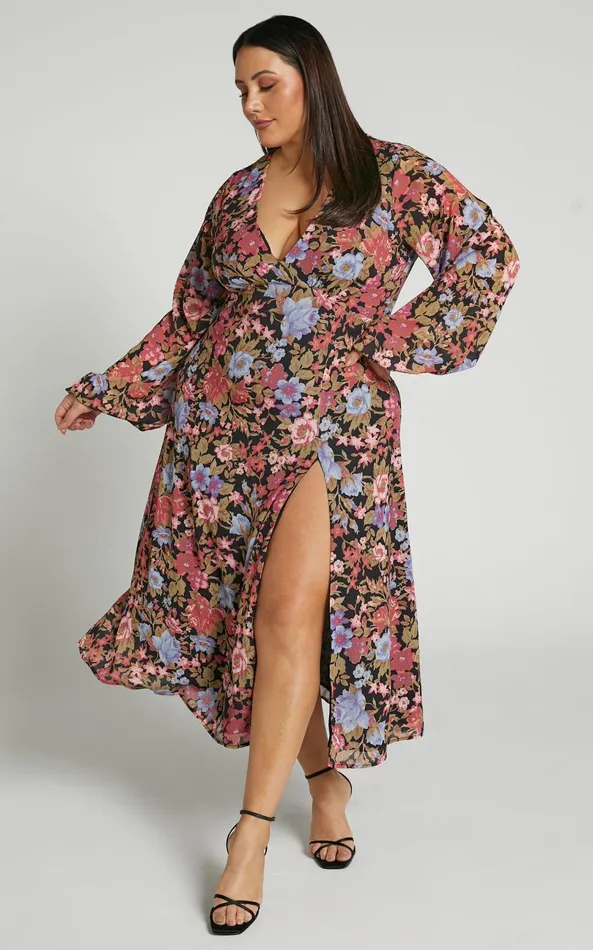 Showpo Henny Midi Dress 8211 Long Sleeve Split Dress In Dusk Floral Women Curve Clothes