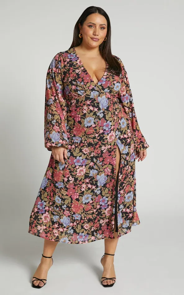 Showpo Henny Midi Dress 8211 Long Sleeve Split Dress In Dusk Floral Women Curve Clothes