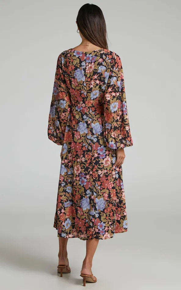 Showpo Henny Midi Dress 8211 Long Sleeve Split Dress In Dusk Floral Women Curve Clothes