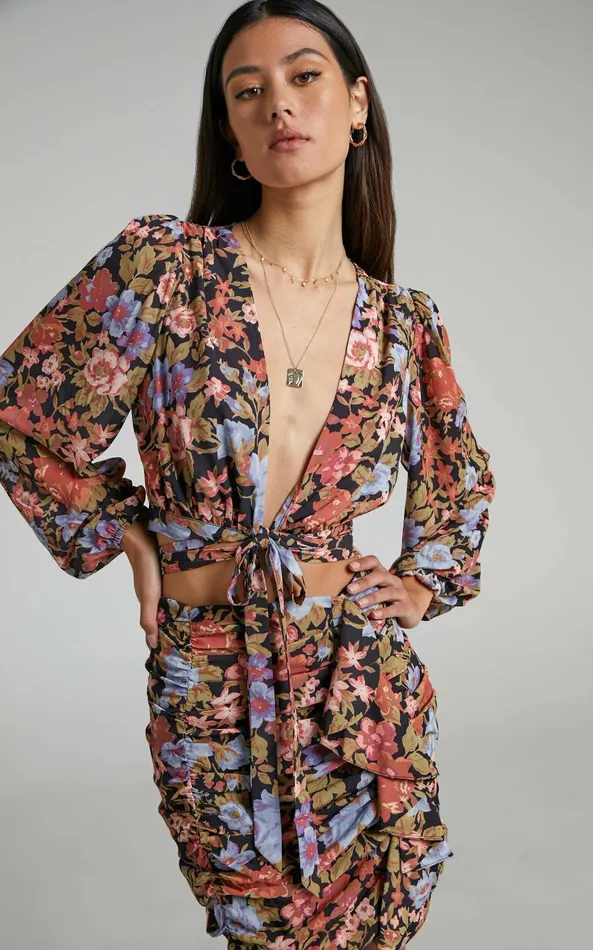 Showpo Henny Plunge Long Sleeve Wrap Top In Dusk Floral Women Tops