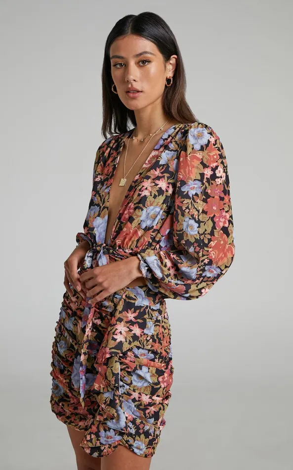 Showpo Henny Plunge Long Sleeve Wrap Top In Dusk Floral Women Tops