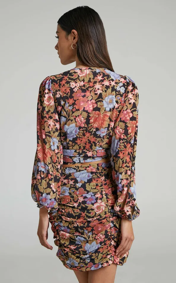 Showpo Henny Plunge Long Sleeve Wrap Top In Dusk Floral Women Tops