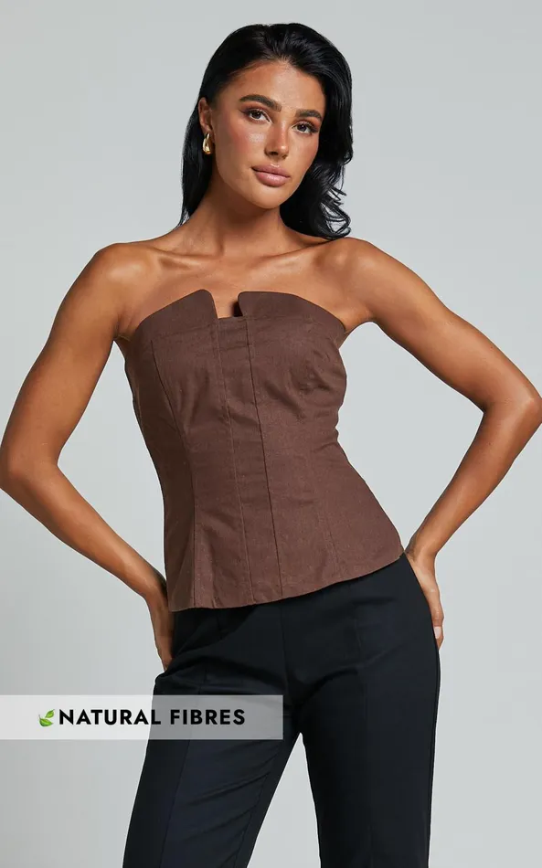 Showpo Herrera Top 8211 Linen Look Strapless Panel Seam Corset Top In Chocolate Women Tops Showpo Herrera Top 8211 Linen Look Strapless Panel Seam Corset Top In Chocolate Women Tops