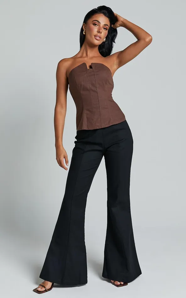 Showpo Herrera Top 8211 Linen Look Strapless Panel Seam Corset Top In Chocolate Women Tops