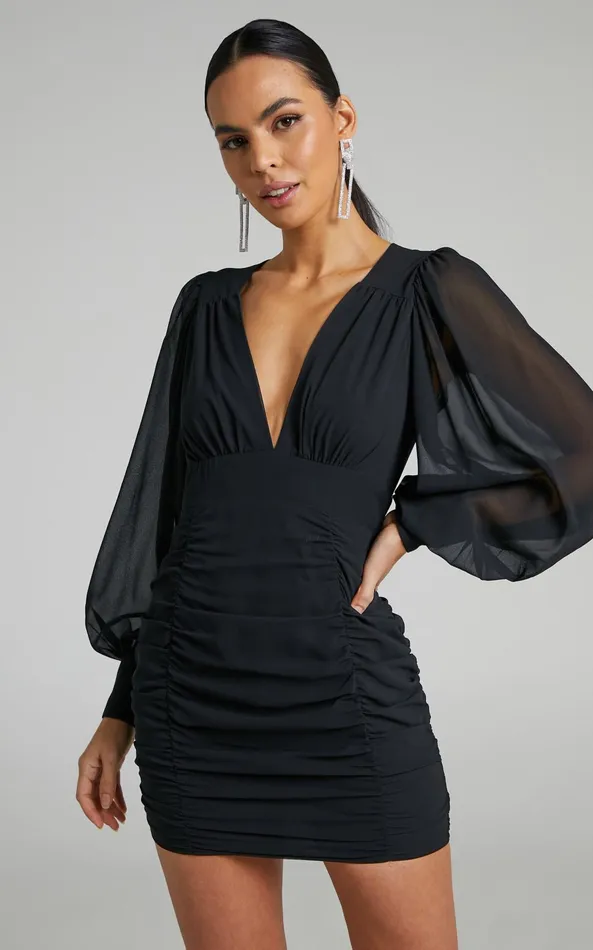 Showpo Hollis Mini Dress 8211 Ruched Long Sleeve Plunge Neck Dress In Black Women Curve Clothes Showpo Hollis Mini Dress 8211 Ruched Long Sleeve Plunge Neck Dress In Black Women Curve Clothes