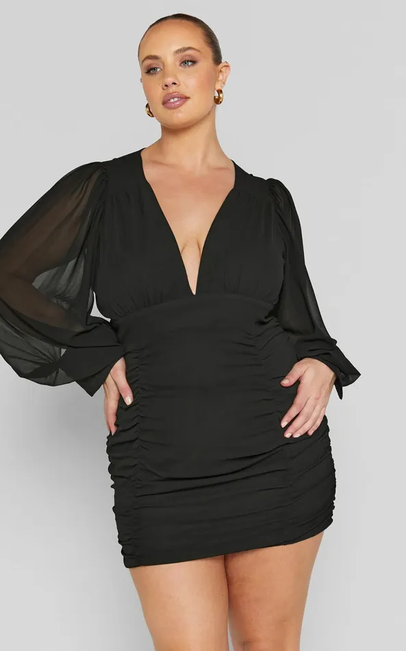 Showpo Hollis Mini Dress 8211 Ruched Long Sleeve Plunge Neck Dress In Black Women Curve Clothes