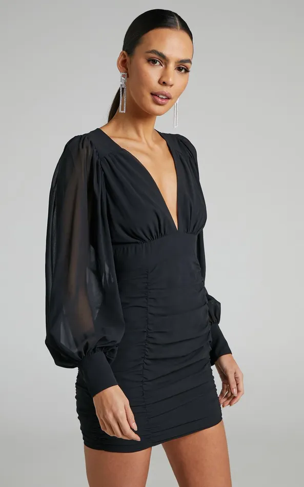 Showpo Hollis Mini Dress 8211 Ruched Long Sleeve Plunge Neck Dress In Black Women Curve Clothes