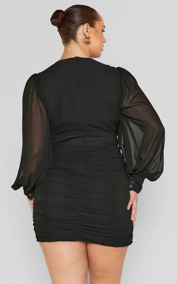 Showpo Hollis Mini Dress 8211 Ruched Long Sleeve Plunge Neck Dress In Black Women Curve Clothes