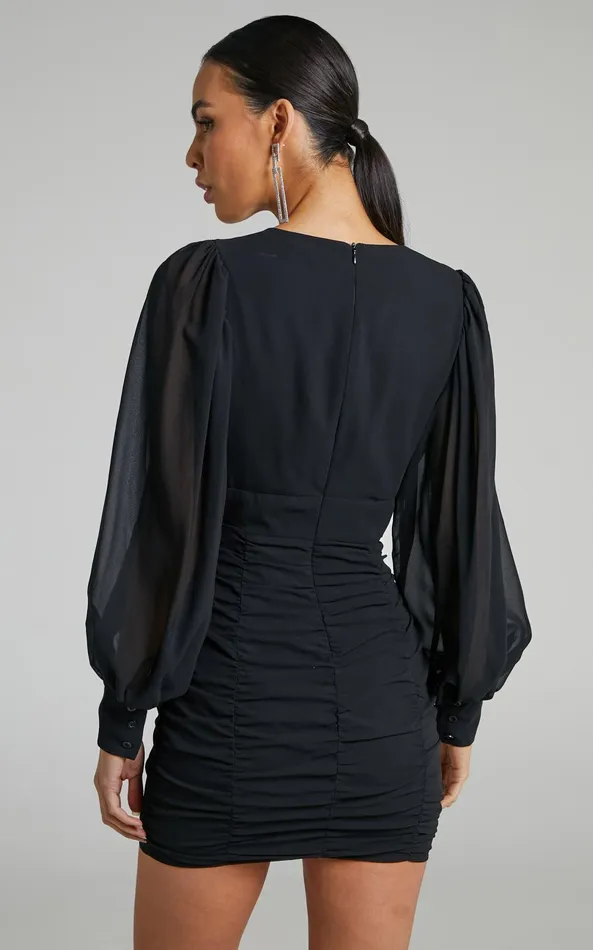 Showpo Hollis Mini Dress 8211 Ruched Long Sleeve Plunge Neck Dress In Black Women Curve Clothes