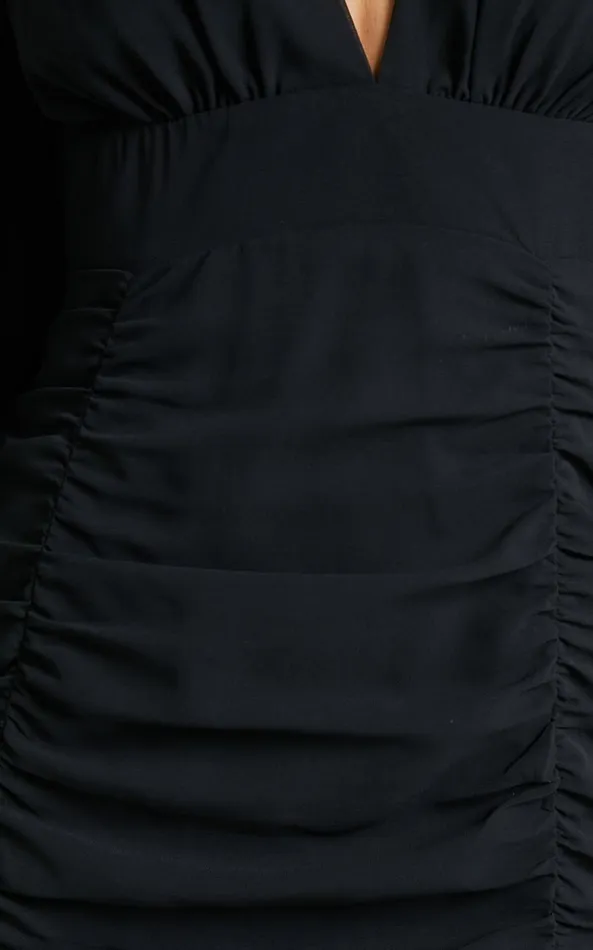Showpo Hollis Mini Dress 8211 Ruched Long Sleeve Plunge Neck Dress In Black Women Curve Clothes